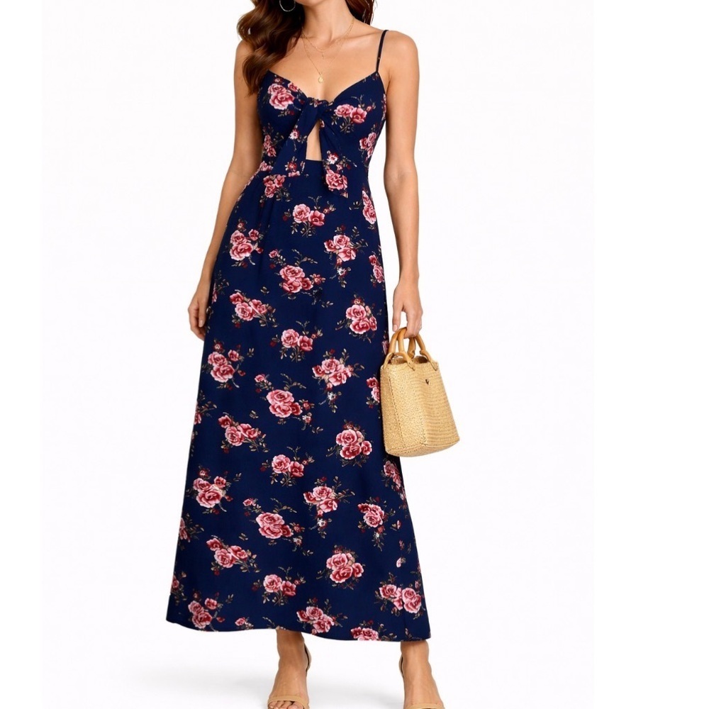 Dreamers maxi dress Navy blue floral print tie chest SZ SM V-neck top beach